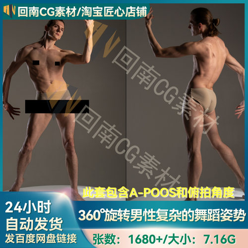 1680P肌肉男360°旋转男性复杂舞蹈动作舞者姿势含俯视角度参考图