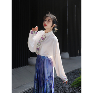 绣花对襟改良日常上衣衬衣新 原创立领弓袋袖 真大鱼大小码 辞香