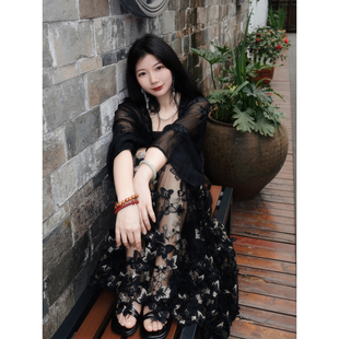 新中式 焰火 国风复古立体蝴蝶连衣裙吊带裙子 原创 真大鱼大小码