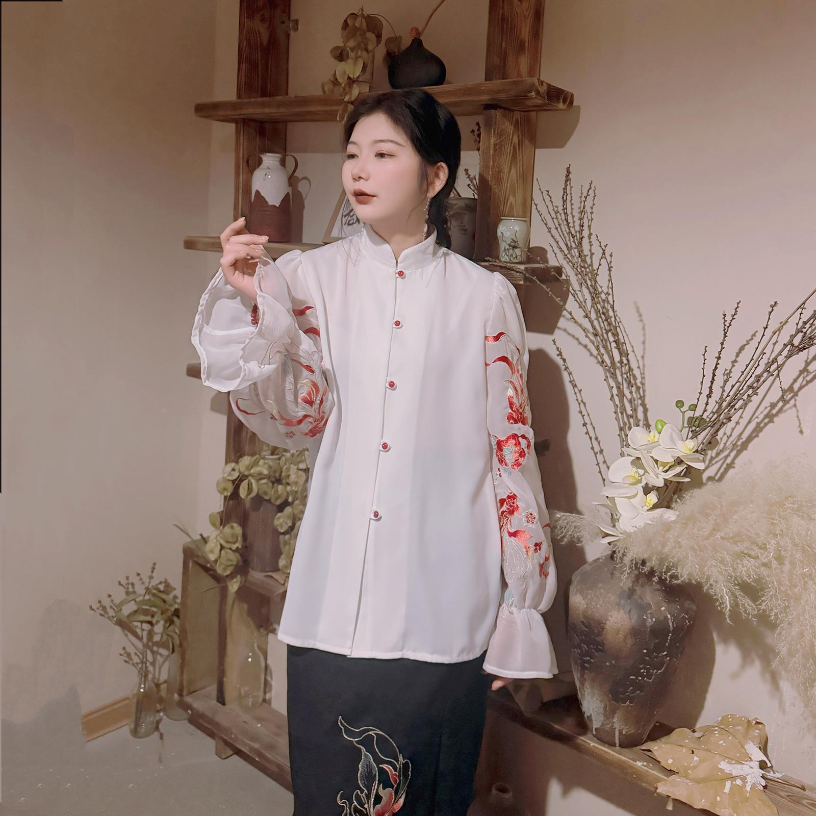 真大鱼大小码【知趣】新中式国风刺绣衬衫设计感小众立领长袖上衣