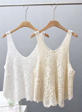 森女系V领针织棉质马甲立体钩花树叶镂空外搭纯色宽松大码背心