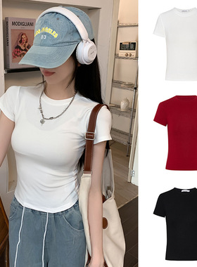 billkong掐腰红色正肩t恤夏季新款黑色短袖女短款辣妹长袖打底衫