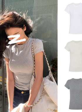 billkongstudio东南亚弹力正肩T恤女夏美式辣妹短袖纯色圆领上衣