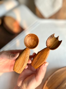 手作温度 柚木叉勺胖嘟嘟手柄小叉小勺可爱加倍短款手作圆头勺