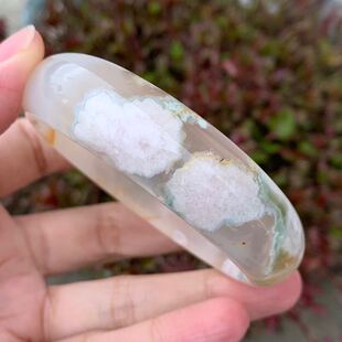 58.9圈天然冰透绿色樱花玛瑙手镯女款 国风复古飘花玉髓转运手环