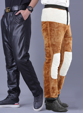 秋冬季男士加绒加厚防风防水直筒休闲保暖中年长裤中老年高腰皮裤