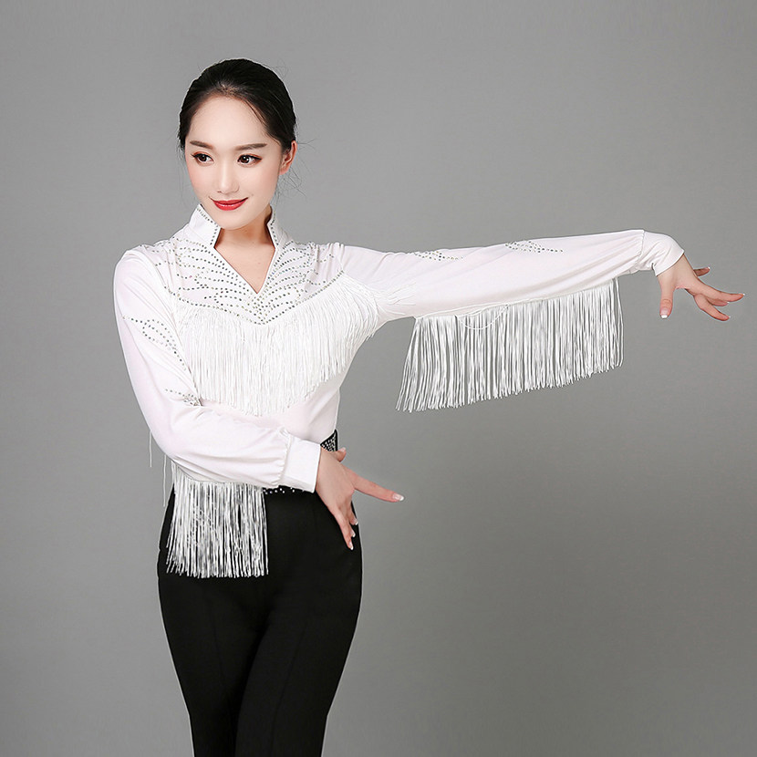2018女拉丁舞服装演出服成人比赛服摩登舞上衣练功服长袖新款