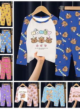 CAPYBARA儿童睡衣男孩中大童女长袖长裤女孩卡通小水豚家居服套装