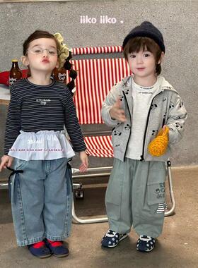 童装女童韩版时髦套装2025秋季新款条纹荷叶边T恤蝴蝶结牛仔长裤