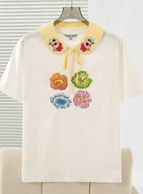 2026夏季新款学院风复古手工刺绣花朵圆领短袖T恤女TTRA2624W2X
