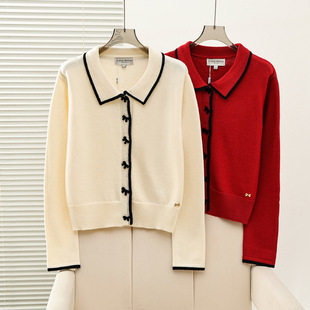 女YTCK254CL1B 毛衣开衫 2025秋冬新款 少女风蝴蝶结纽扣翻领针织衫