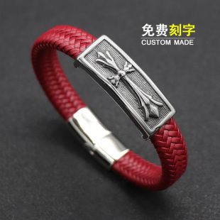 欧美复古十字童军花手链红色皮绳手镯个性男女本命年精致礼物手环