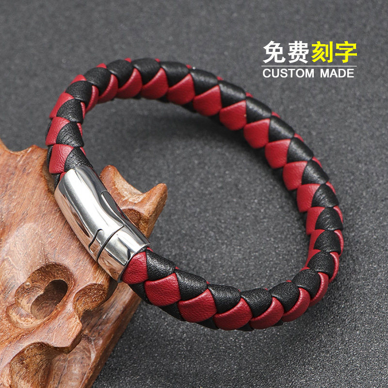 欧美简约编织皮手链潮棕色红色