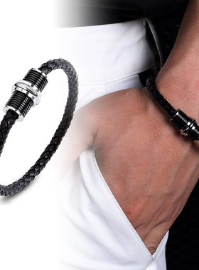 韩版百搭黑色钛钢磁扣螺纹皮手链