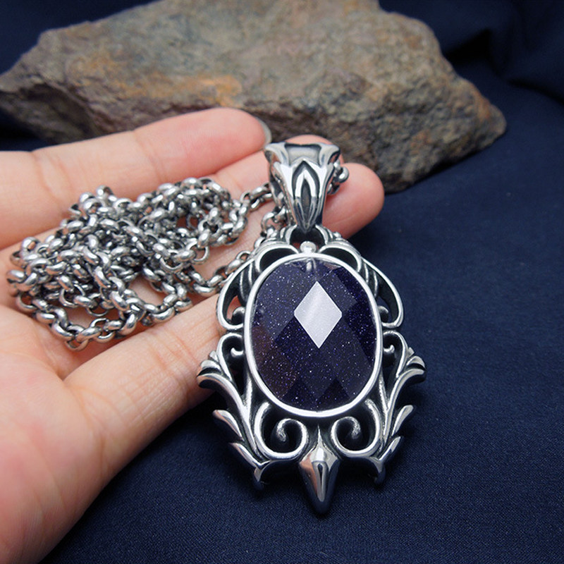 复古民族风镶嵌蓝宝石项链吊坠女时尚个性潮牌钛钢挂坠男士配饰品