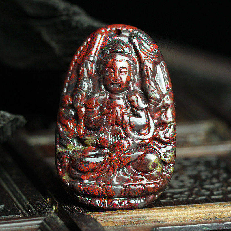 千手观音菩萨天然桂林鸡血玉吊坠鸡血石挂件生肖鼠守护神项链挂坠