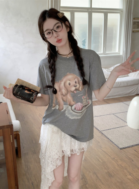 MOMONANA夏季百搭舒适休闲灰色狗狗宽松T恤白色蕾丝不规则半身裙