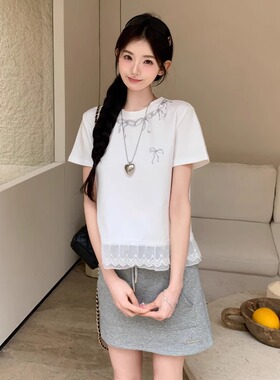 MOMONANA夏季蕾丝蝴蝶结印花白色短袖t灰色休闲运动短裙