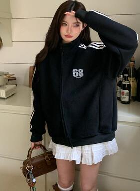 MOMONANA秋冬时尚百搭显瘦黑色蕾丝印花绒面拉链外套