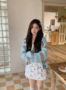 清仓特价！MOMONANA灰蓝条纹针织开衫外套亮片毛绒半身裙