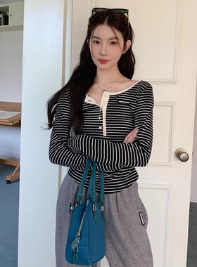 MOMONANA秋冬黑白条纹休闲显瘦百搭t抽绳款式灰色运动裤