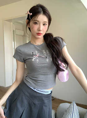 MOMONANA亮钻重工餐具修身T恤修身正肩显瘦夏季辣妹短袖上衣