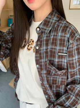 MOMONANA2024秋冬新品百搭时尚学院风蝴蝶结植绒宽松格子长袖衬衫