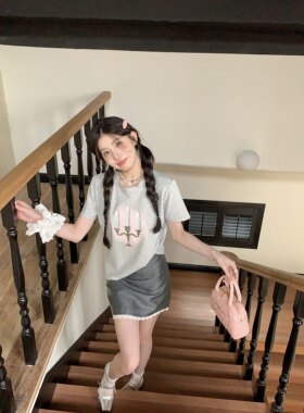 MOMONANA烛台宽松短袖T恤夏季上衣墨绿亮面蕾丝短裙显腿长半身裙