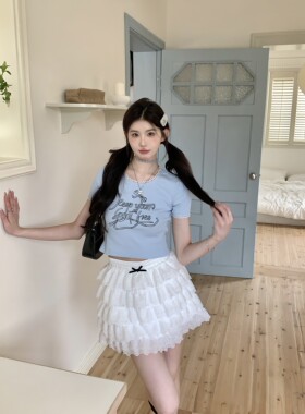 MOMONANA蓝色蝴蝶结印花T恤甜美气质短款甜辣U领修身显瘦上衣减龄