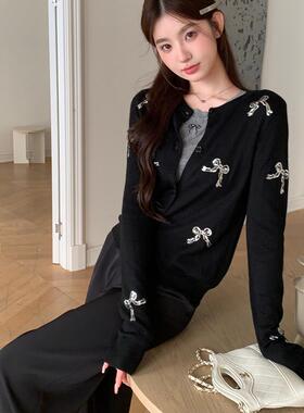 MOMONANA秋季新品亮片蝴蝶结针织开衫时尚显瘦修身百搭薄针织外套