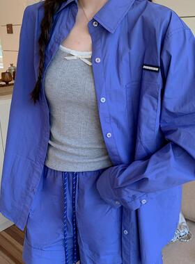 MOMONANA秋季街头时髦抽绳宽松蓝色衬衫抽绳短裤百搭套装