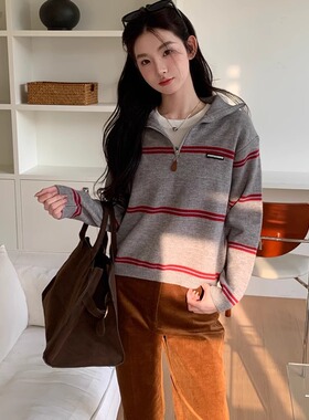 MOMONANA秋冬街头百搭时尚灰色红条纹舒适拉链高领针织衫毛衣