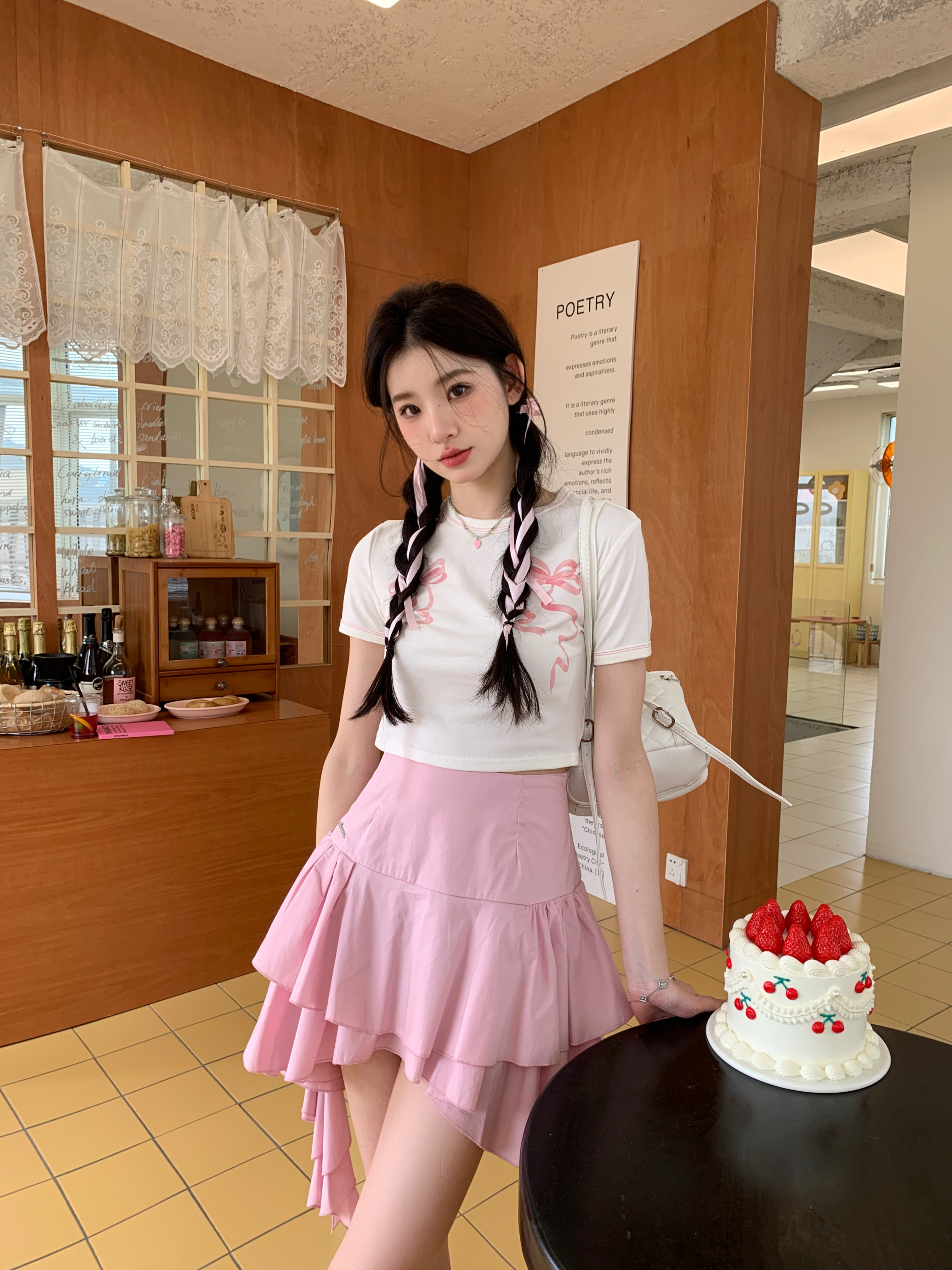 MOMONANA新款白色蝴蝶结白色短T上衣温柔减龄甜美粉色海藻半身裙