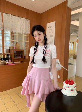 MOMONANA新款白色蝴蝶结白色短T上衣温柔减龄甜美粉色海藻半身裙