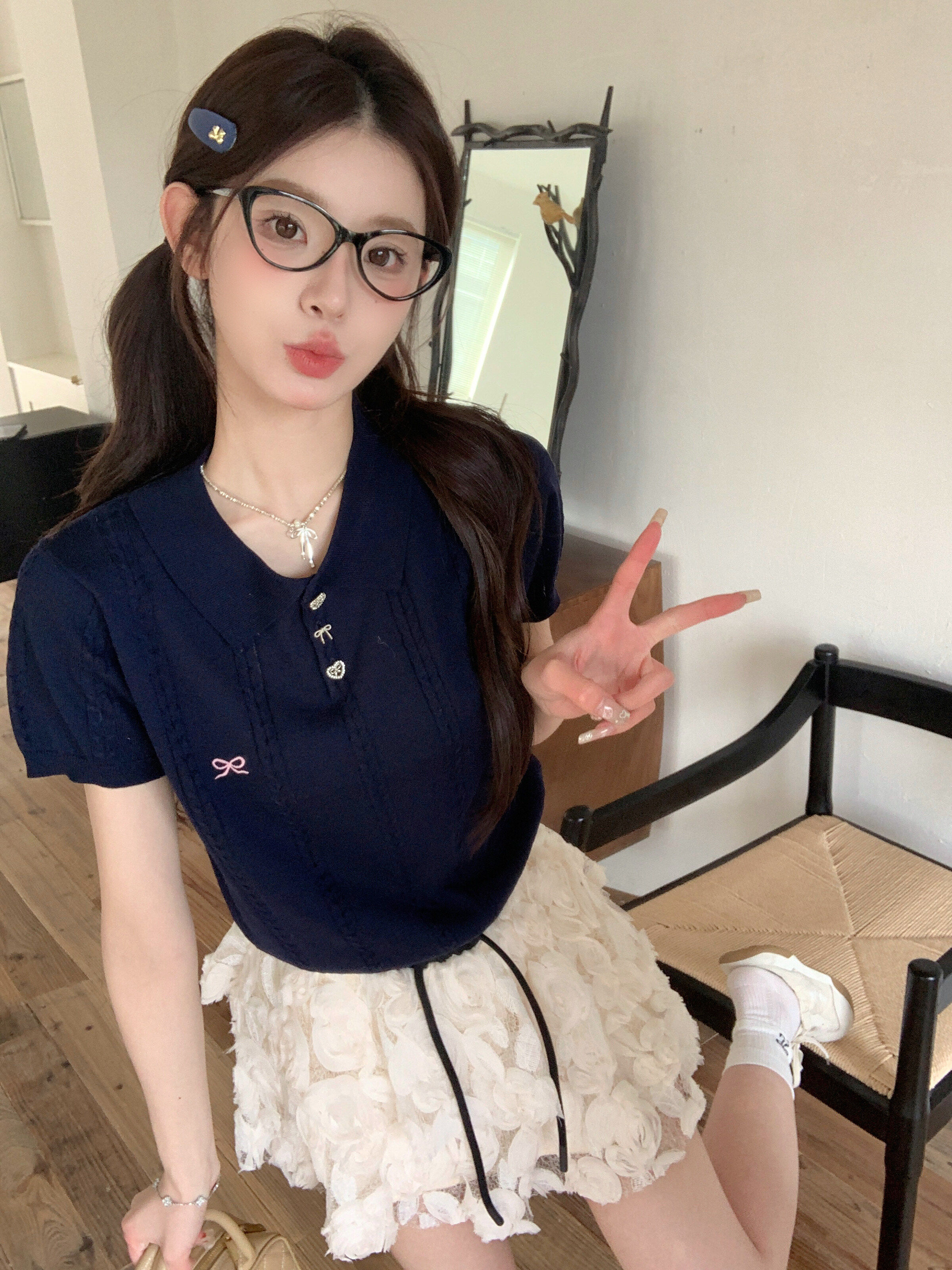 MOMONANA蝴蝶结刺绣polo款针织小衫设计感显瘦短款上衣通勤短袖夏