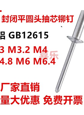 全铝封闭型平圆头抽芯铆钉m3.2m4m4.8 防水拉钉螺丝GB12615国标