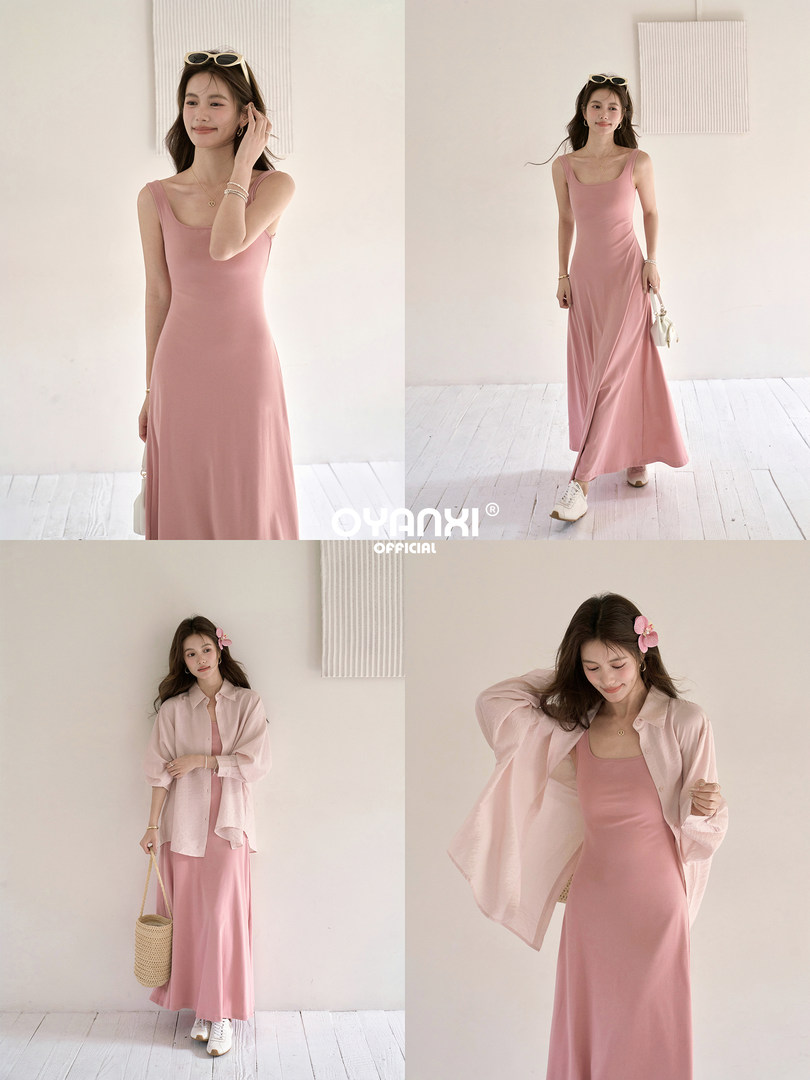 Pink sleeveless maxi dress worn by a model in multiple styled looks