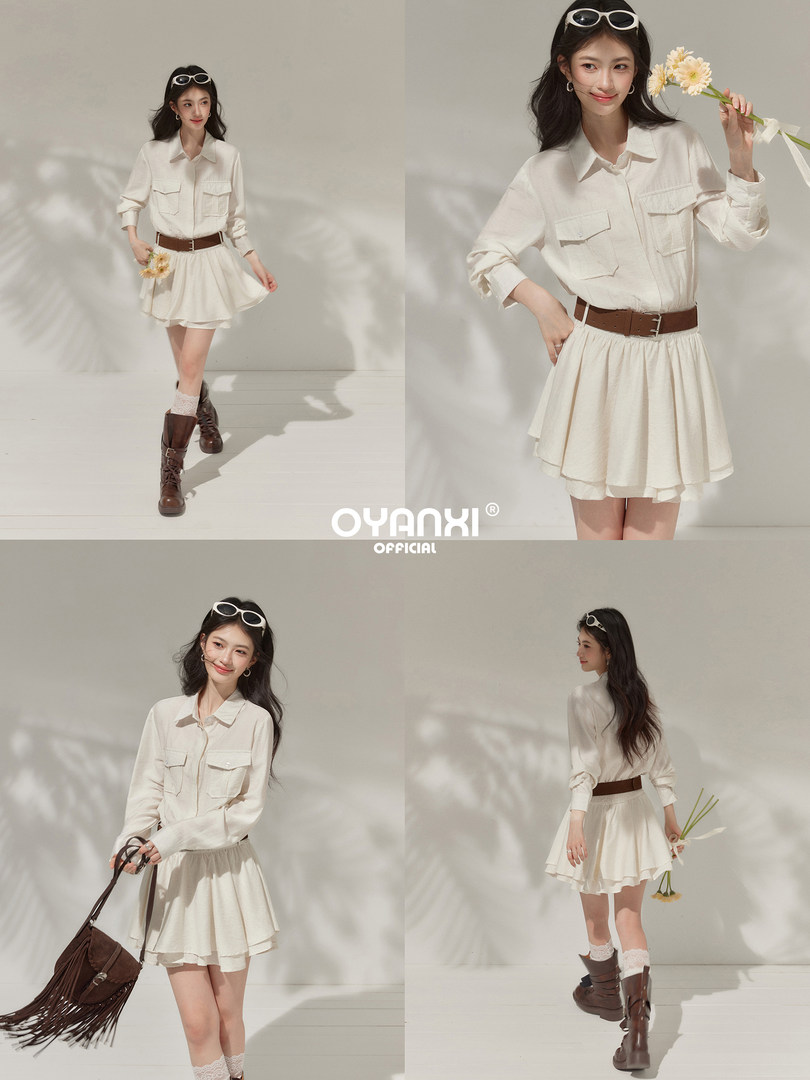 Cream blouse and layered skirt outfit worn by a model in a fashion photoshoot