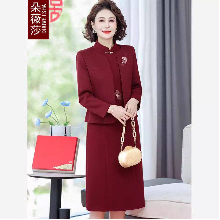 喜婆婆婚宴装妈妈连衣裙两件套女中老年春秋高贵结婚礼服旗袍裙子