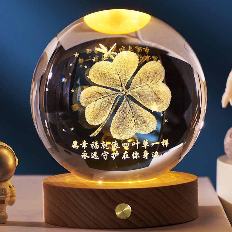 充电款发光中秋节月亮小夜灯3D水晶球宇航员月球生日礼物桌面摆件