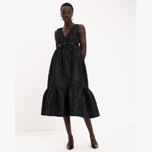 奥莱4折kate 抽褶高腰连衣裙 spade美国官网秋日花园大V领无袖