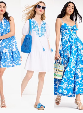 双旦26折kate spade美国官网夏款蓝色花卉图案刺绣上衣连衣裙