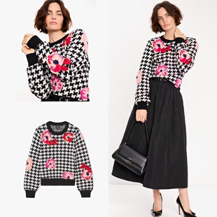 奥莱4折kate 千鸟格poppy织花羊毛混圆领毛衣 spade美国官网秋款