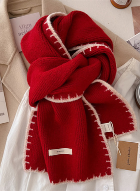 韩版情侣2025秋冬圣诞红针织毛线围巾羊毛围脖冬季简约纯色小香风