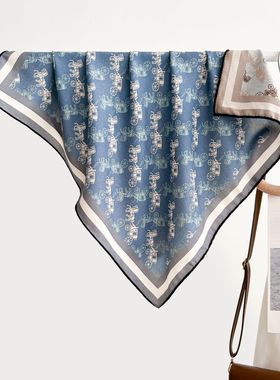 新款双面异色蓝色马车丝毛围巾女轻奢感真丝羊毛印花丝巾方巾