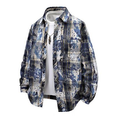 美式复古扎染格子衬衫男生春秋高级感长袖衬衣潮牌小众情侣款外套