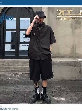 国潮原创ins古着机能工装短袖上衣暗黑丧系宽松黑色t恤衬衫男女款