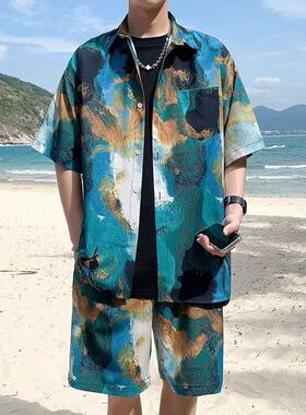 夏威夷衬衫短裤男夏季涂鸦宽松短袖日系海边情侣休闲衬衣沙滩套装
