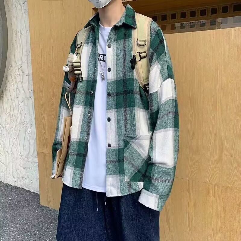 秋冬毛呢衬衣长袖宽松休闲慵懒风叠穿磨毛加厚格子衬衫新款日系
