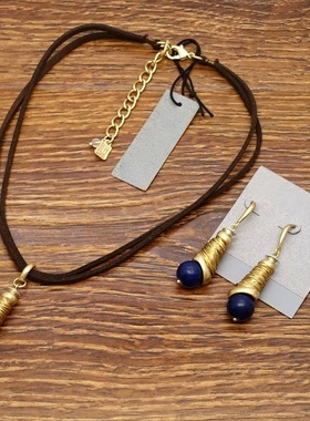 欧美风手工做缠丝青金石设计师腔调文艺术气质潮人耳环坠项链套装